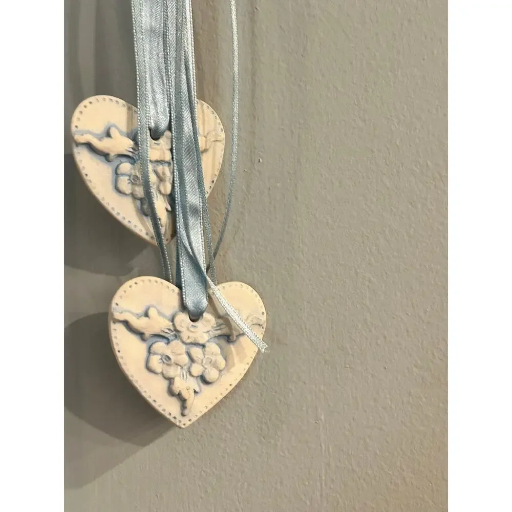 Blue Floral Clay Heart Hanging Ornament Ribbon Decor Handcrafted